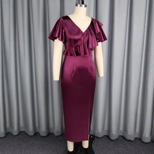 Damen Schickes Maxikleid mit Rüschendetails und Schlitz R&B