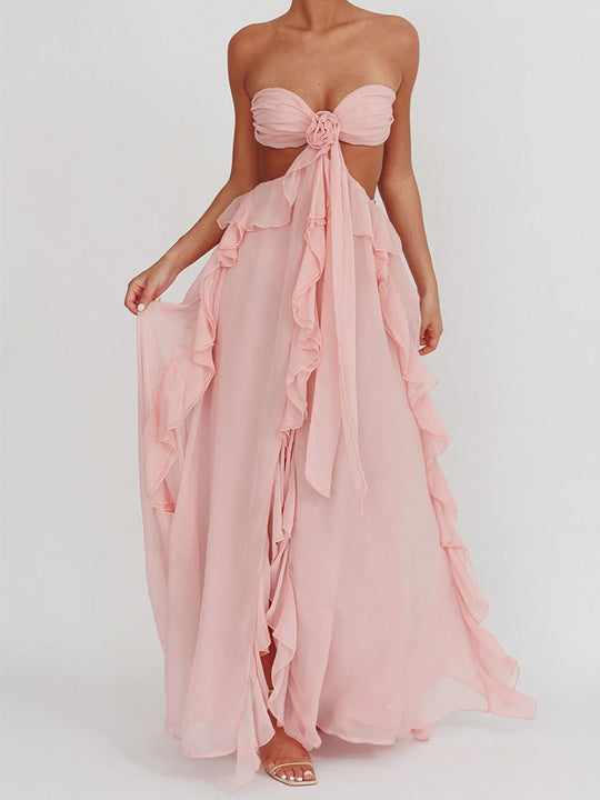 Damen Maxikleid mit Rüschen und Bandeau-Ausschnitt R&B