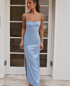 Damen Elegantes satinieres Maxikleid mit schulterfreien Spaghetti-Trägern und seitlichem Schlitz