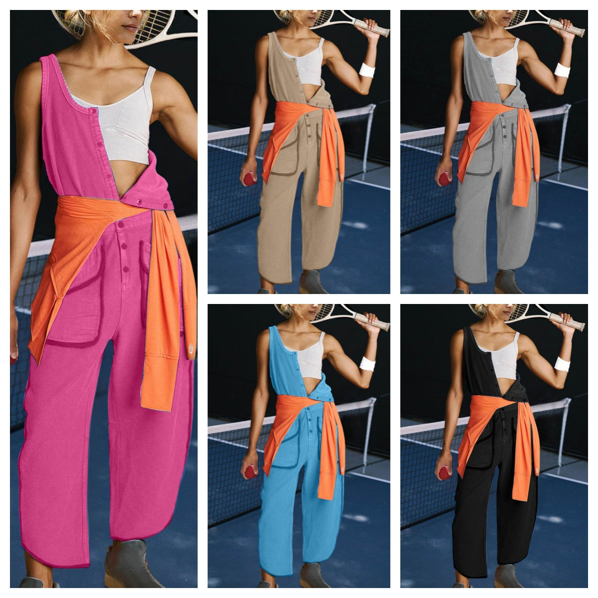 Damen sportlicher Jumpsuit mit asymmetrischem Schnitt und praktischem Knopfdetail R&B