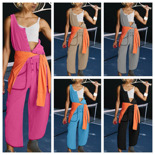 Damen sportlicher Jumpsuit mit asymmetrischem Schnitt und praktischem Knopfdetail R&B