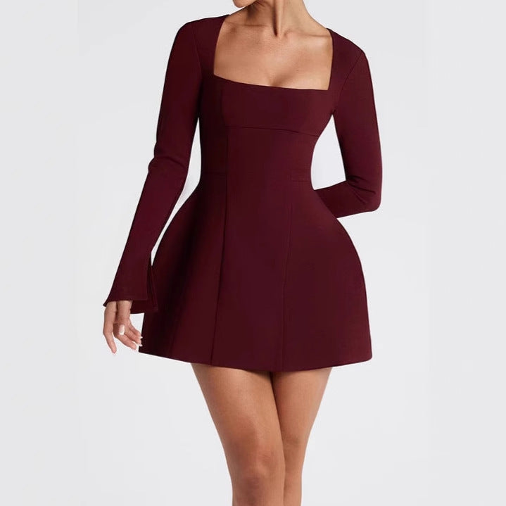 Damen Elegantes Minikleid mit Quadrat-Ausschnitt und ausgestellten Ärmeln R&B