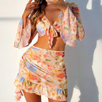 Damen Crop-Top und Wickelrock-Set mit floralen Details R&B