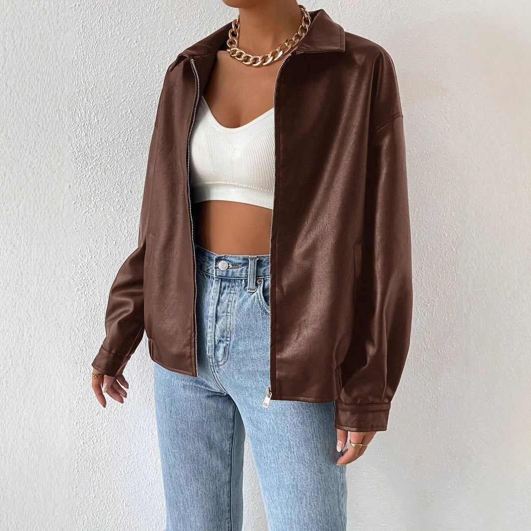 Damen trendige Kunstlederjacke im modernen Schnitt mit lässigem Reißverschluss R&B