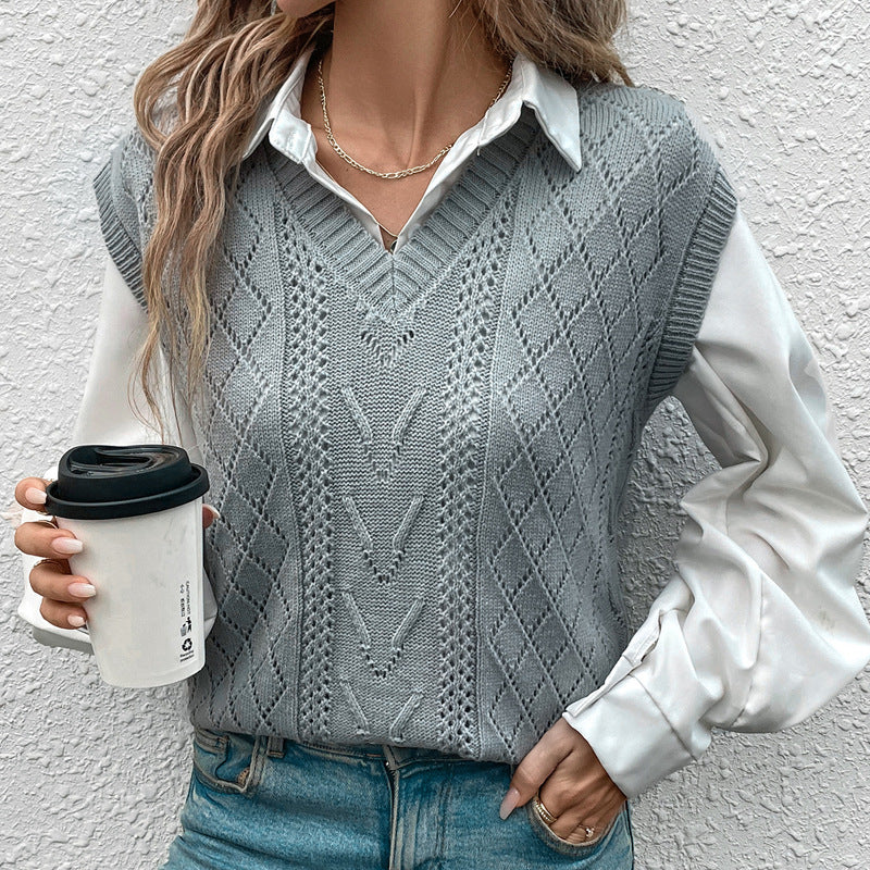 Damen eleganter Strickpullover mit V-Ausschnitt und modischem Rautenmuster R&B