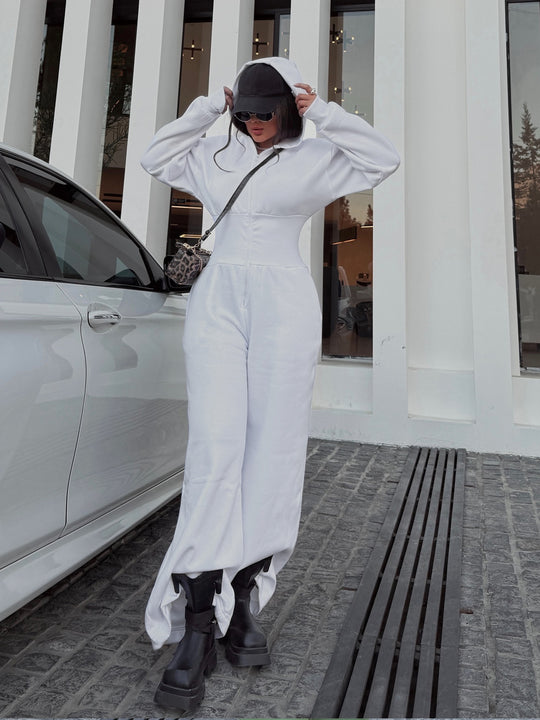 Damen Sportlicher Fleece-Jumpsuit mit hohem Kragen und trendiger Silhouette R&B