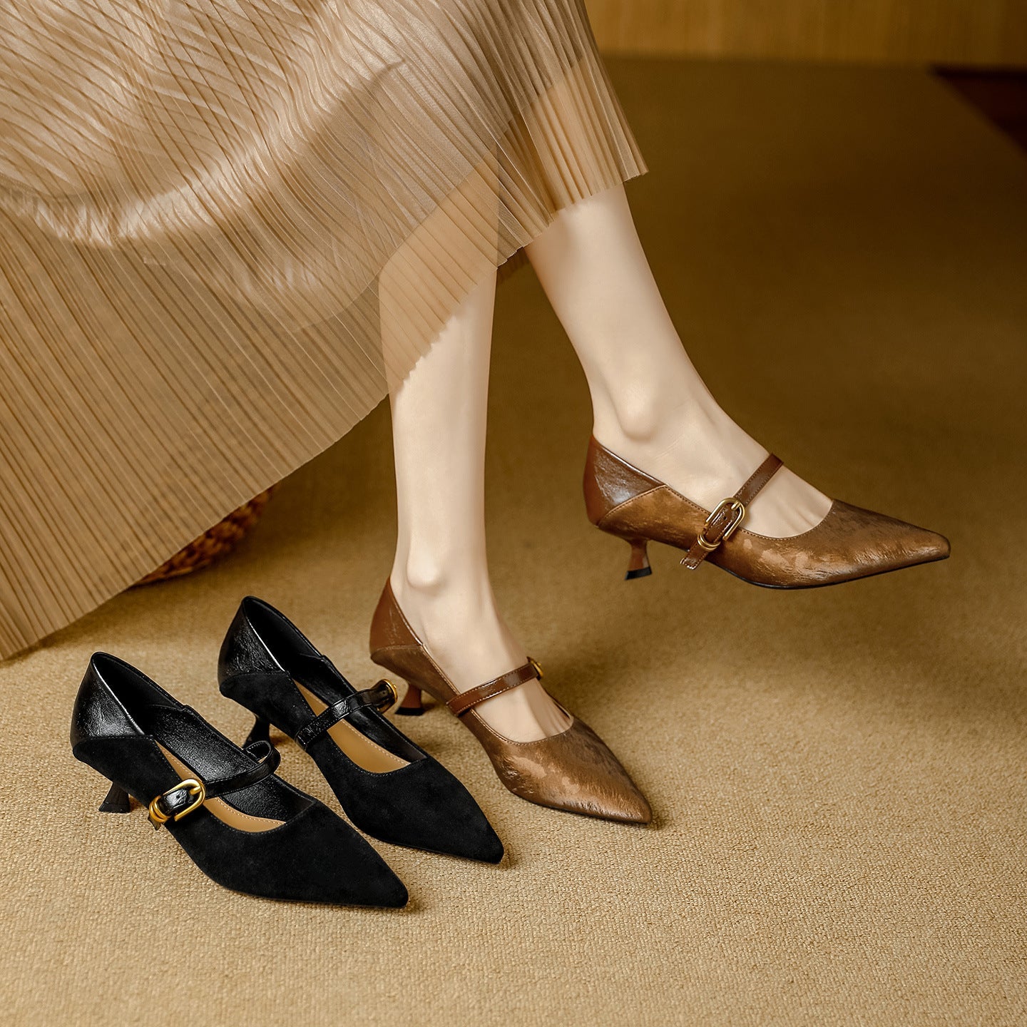 Damen Elegante Mary Jane Pumps mit dekorativem Riemen und niedrigem Absatz