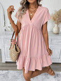 Damen kurzes Sommerkleid mit tiefem V-Ausschnitt und Rüschensaum R&B
