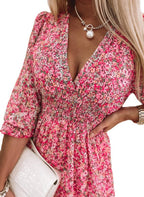 Damen Sommerkleid mit floralem V-Ausschnitt und voluminösen Ärmeln R&B