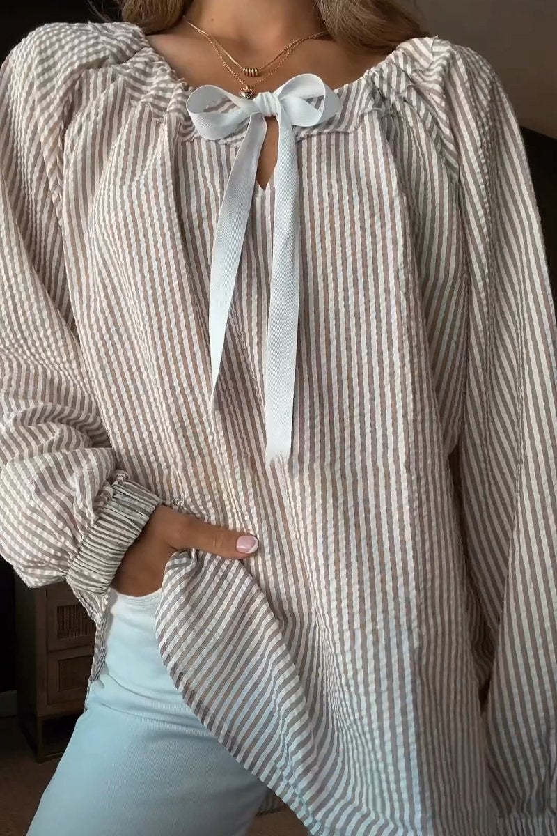 Damen Bluse mit elastischem Ausschnitt und Schleifenbindung R&B