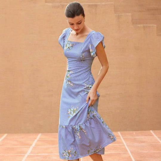 Damen Maxikleid mit floralem Streifenmuster und taillierter Silhouette R&B