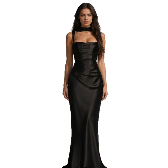 Damen Elegantes Satin-Maxikleid mit schulterfreiem Design und figurbetontem Schnitt R&B