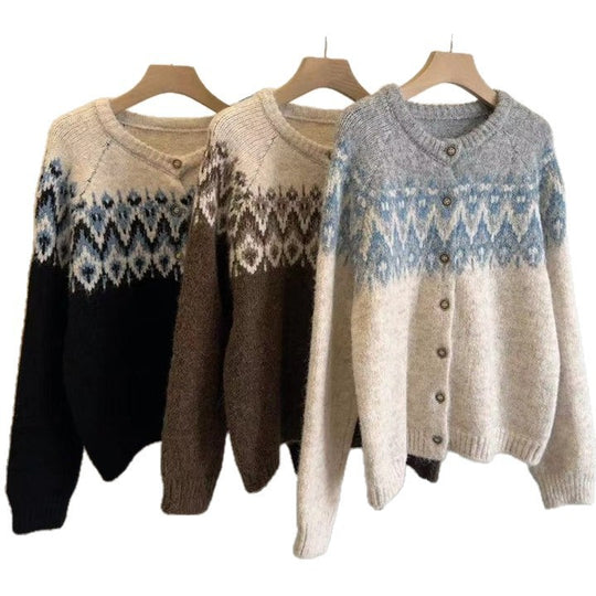Damen Grobstrick Cardigan mit geometrischem Fair-Isle-Muster und eleganter Knopfleiste R&B