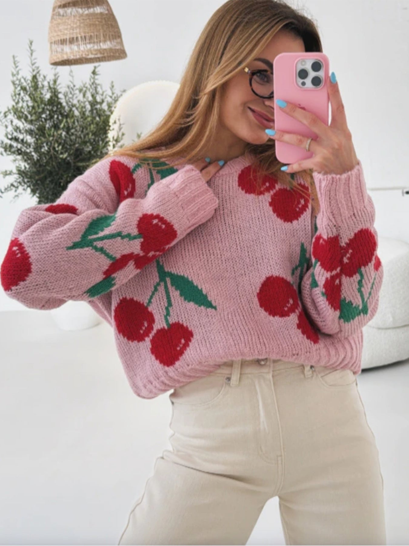 Damen lässiger Pullover mit fruchtigem Kirschmuster und weichem Strick