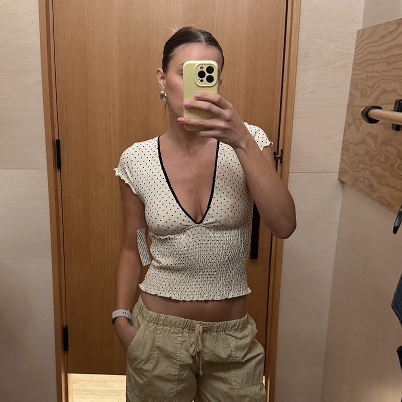 Damen Elegantes V-Ausschnitt Oberteil mit Rüschen und Punkten R&B