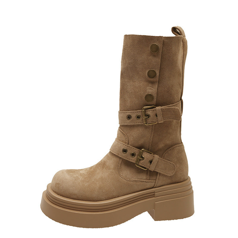 Damen Chunky Stiefel mit modischem Schnallen-Design und robuster Sohle