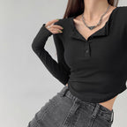 Damen Langarmshirt mit dekorativem Knopfdesign und lässigem Schnitt