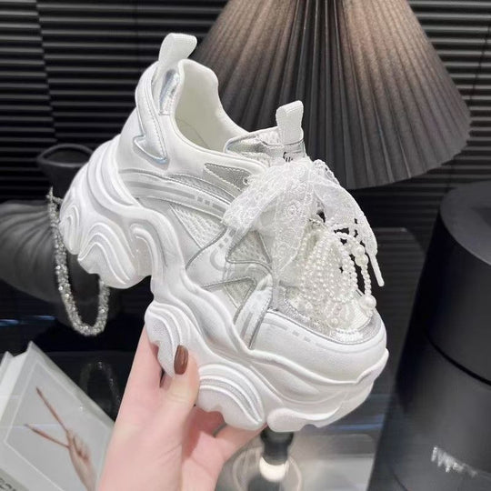 Damen modische Sneakers mit dekorativen Perlen und luftiger Mesh-Oberfläche R&B