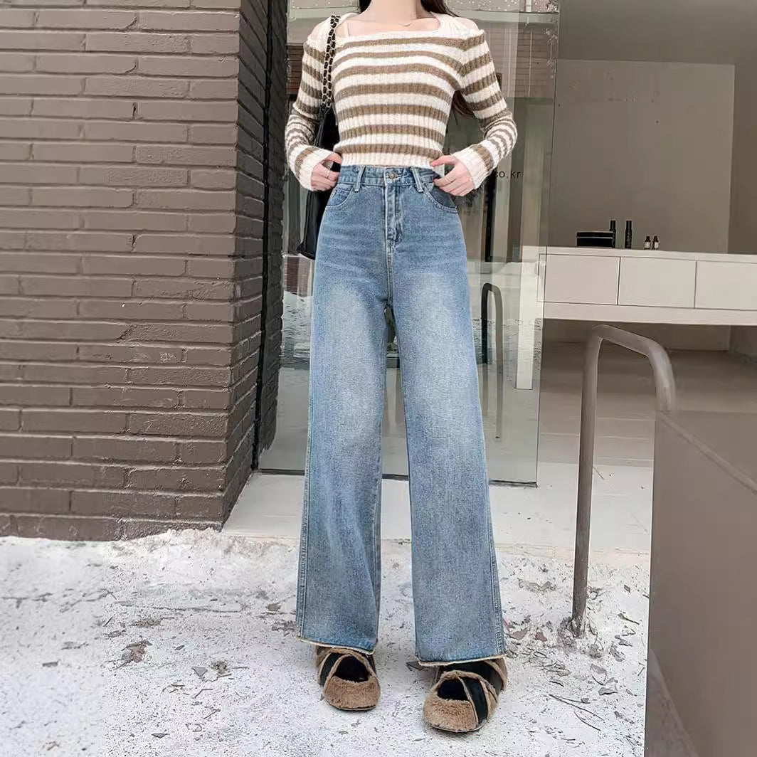 Damen Hochtaillierte weite Jeanshose im modernen Stil mit komfortablem Sitz R&B