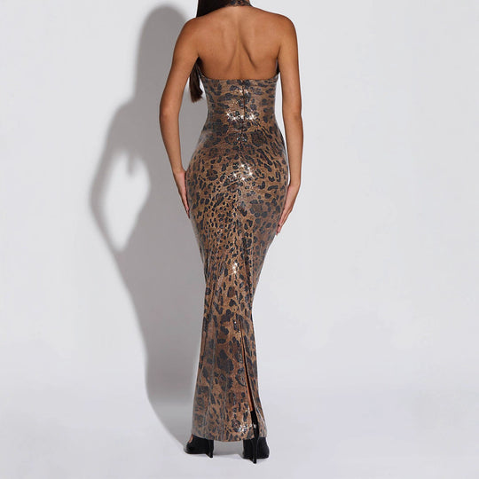 Damen Glamouröses Leopard-Maxi-Kleid R&B