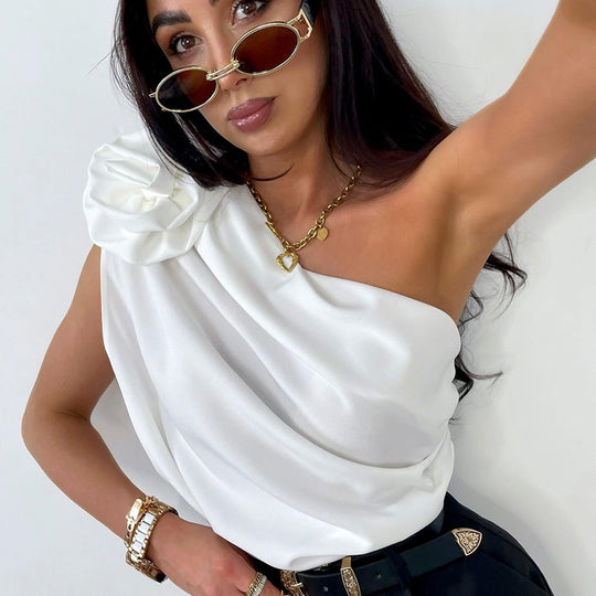Damen Elegantes One-Shoulder-Top mit voluminösem Rüschen-Detail R&B