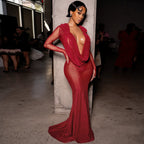 Damen Elegantes lange Kleid mit tiefem V-Ausschnitt und Raffungen R&B