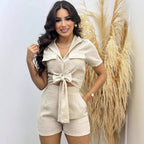Damen Cropped Blusenshorts-Set mit Knoten R&B