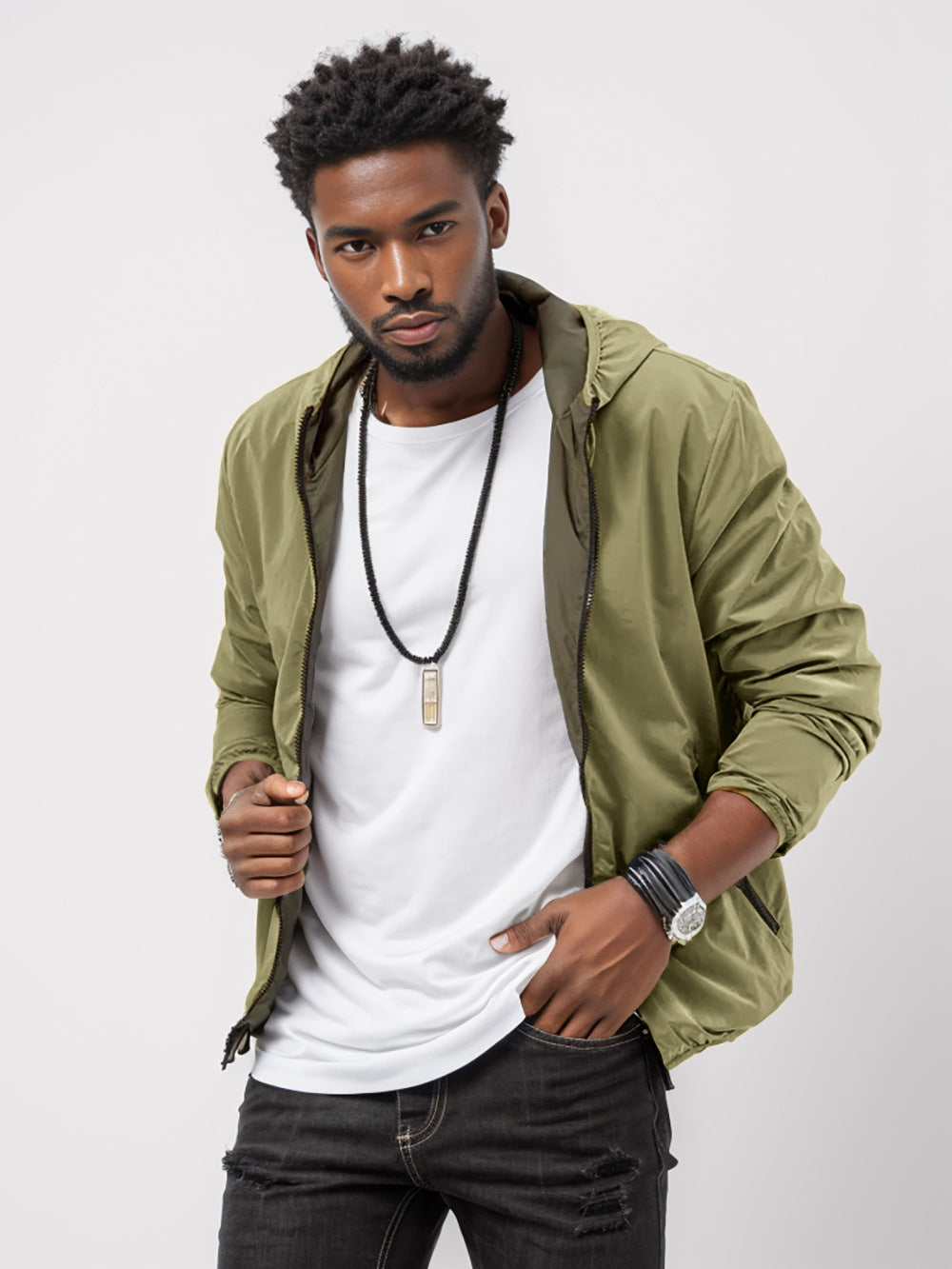 Herren leichte Übergangsjacke mit verstellbarem Kapuzenkragen und praktischen Taschen R&B
