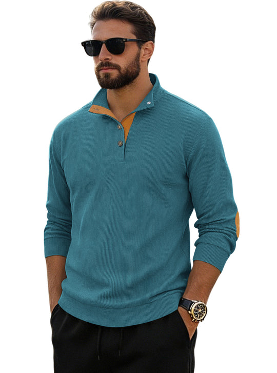 Herren nan fein gerippter Strickpullover mit Polokragen Knopfleiste und Ellenbogenbesatz R&B