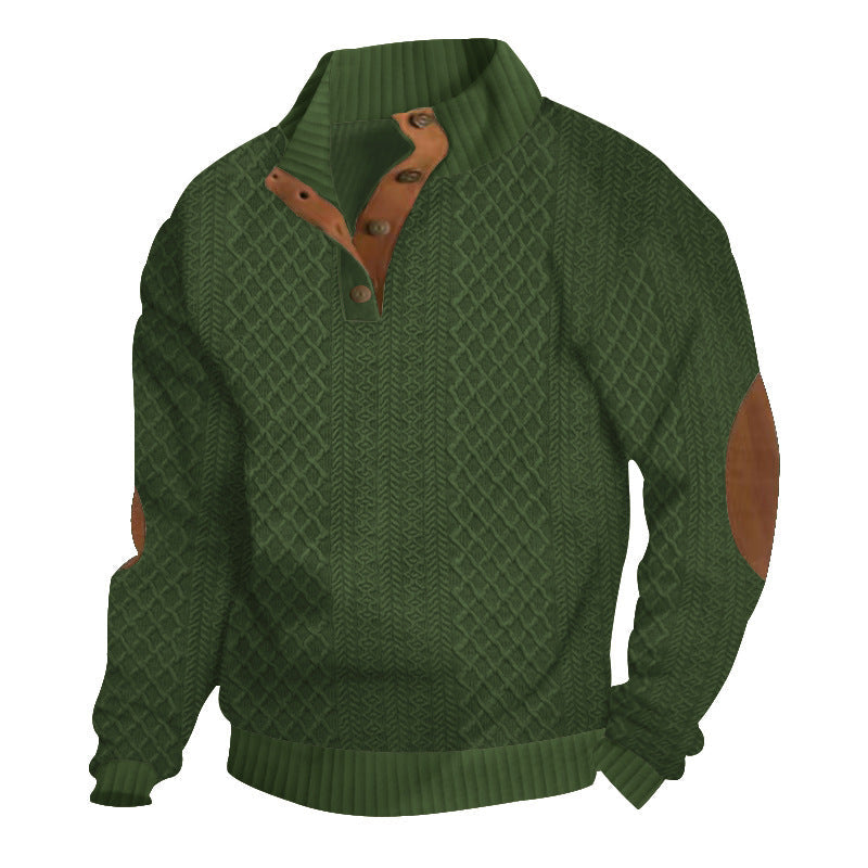 Herren nan gehobener Strickpullover mit Rautenmuster, hohem Rippkragen, knöpfbarer Latzleiste und Lederbesatz an Ellenbogen R&B