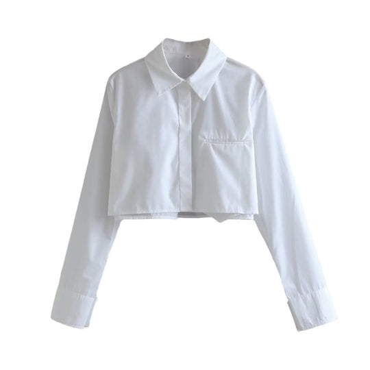 Damen cropped Bluse mit klassischem Kragen und praktischen Brusttaschen R&B