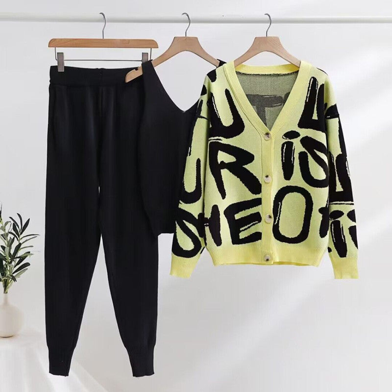 Damen gemütliches Strick-Loungewear-Set mit Dekorativem Schriftzug R&B