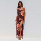 Damen elegantes Maxikleid mit floralem Design und seitlichem Schlitz