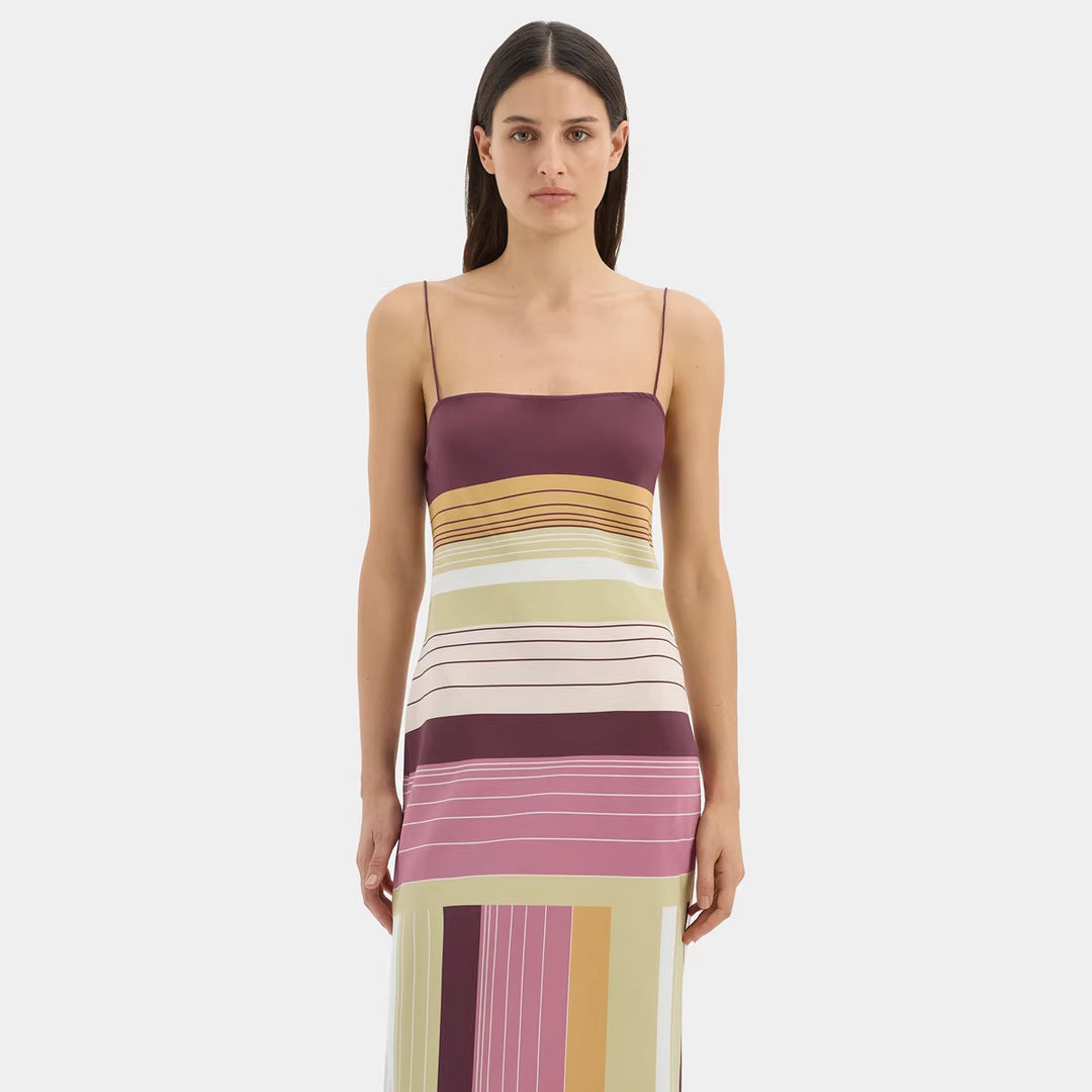 Damen nan figurbetontes Maxikleid mit Spaghettiträgern, geradem Ausschnitt, Paneelstreifen und seitlichem Schlitz R&B