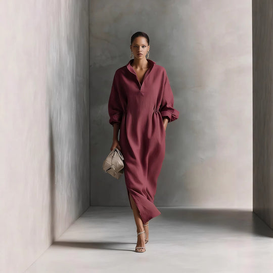 Damen stilvolles Midikleid mit Bindegürtel und klassischem Kragen R&B