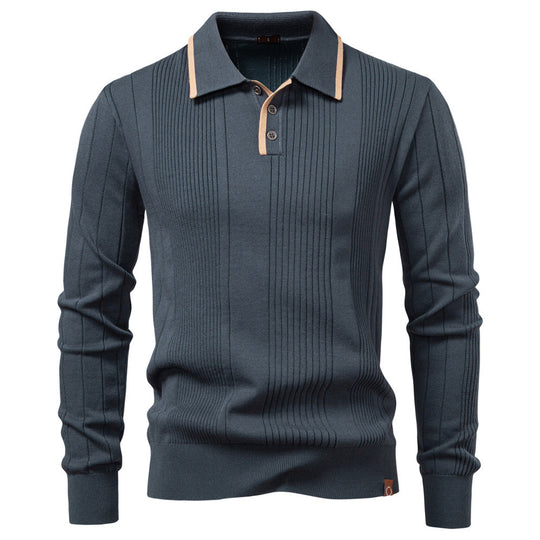 Herren nan langärmeliger Polopullover aus Feinstrick mit vertikalen Rippenintarsien und Kontrastkanten R&B