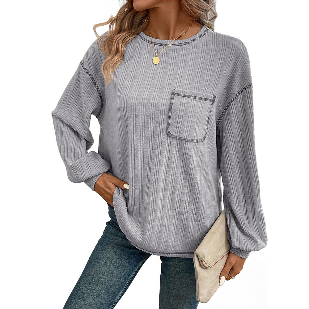 Damen Bequemer Langarm-Shirt mit Rippenstruktur und Brusttasche R&B