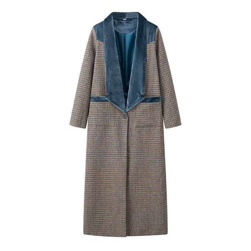 Damen eleganter längerer Blazer mit feinem Karomuster und flauschigem Kragen R&B