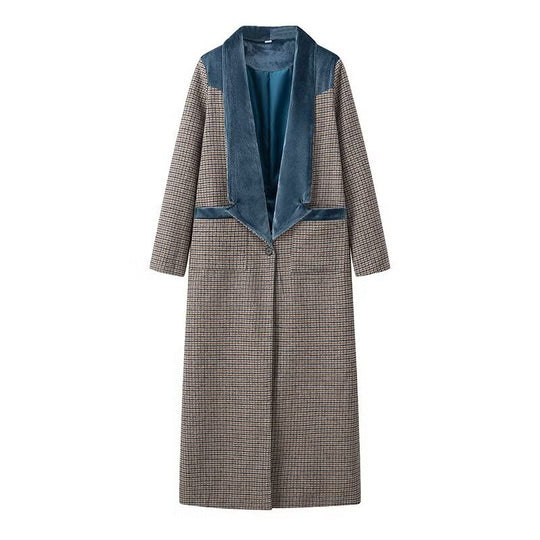 Damen eleganter längerer Blazer mit feinem Karomuster und flauschigem Kragen R&B