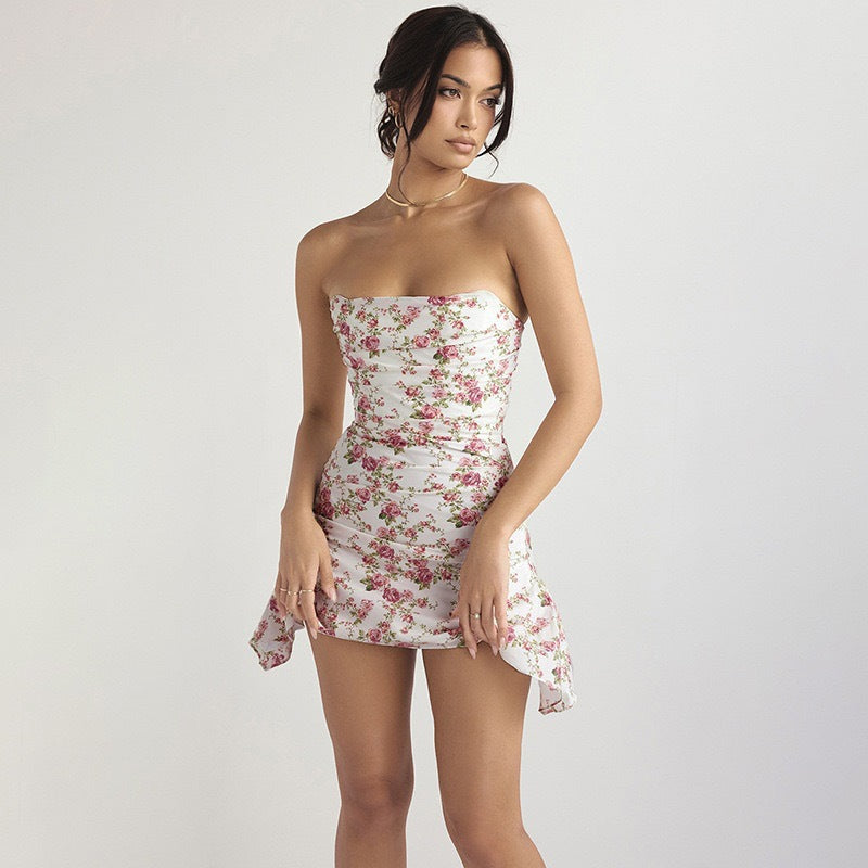 Damen Motiviertes Minikleid mit gerafftem Oberteil und Blumenmuster R&B