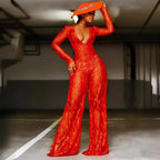 Damen Elegantes Jumpsuit aus transparenter Spitze mit V-Ausschnitt und weiten Beinen R&B