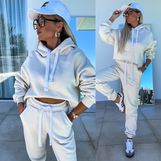 Damen modernes Hoodie-Jogginganzug-Set mit elastischem Bund und Kontrastdetails R&B