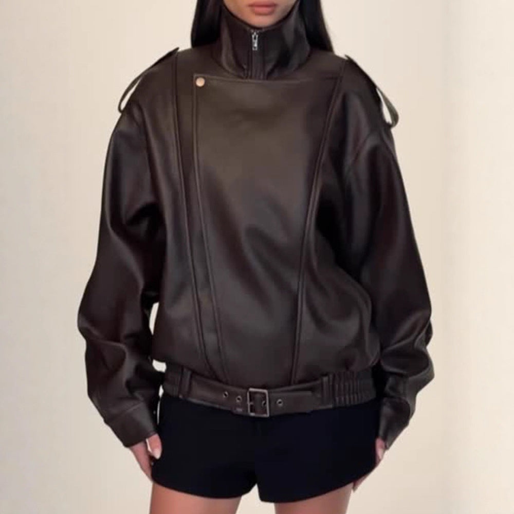 Damen Oversized Kunstlederjacke mit hohem Kragen und voluminösen Ärmeln R&B