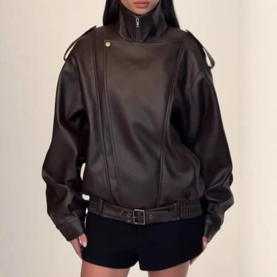 Damen Oversized Kunstlederjacke mit hohem Kragen und voluminösen Ärmeln R&B