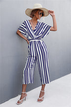 Damen eleganter Jumpsuit mit V-Ausschnitt, breiten Ärmeln und anisstreifendem Design R&B