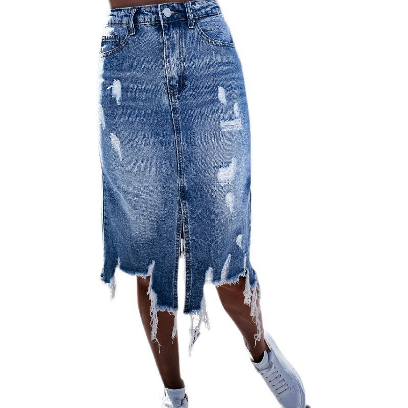 Damen Jeansrock mit ausgefransten Säumen und dekorativen Rissen R&B