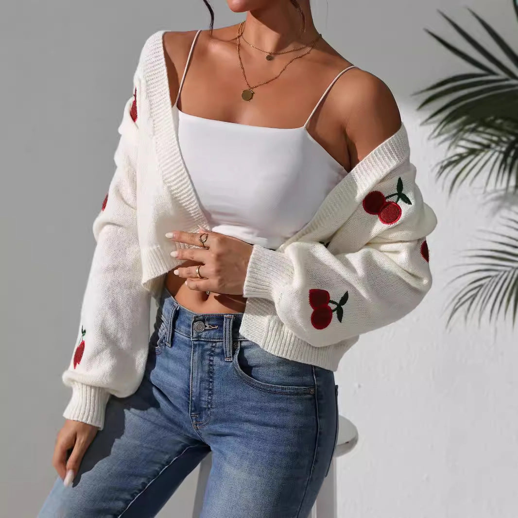 Damen Kurze Strickjacke mit fruchtiger Stickerei R&B