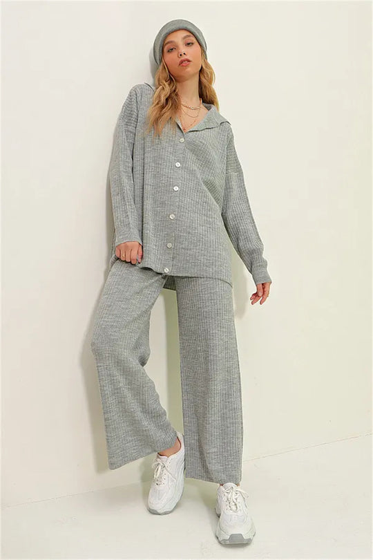 Damen lässiges Zweiteiler-Set mit bequemer Weite und Knopfdetails R&B