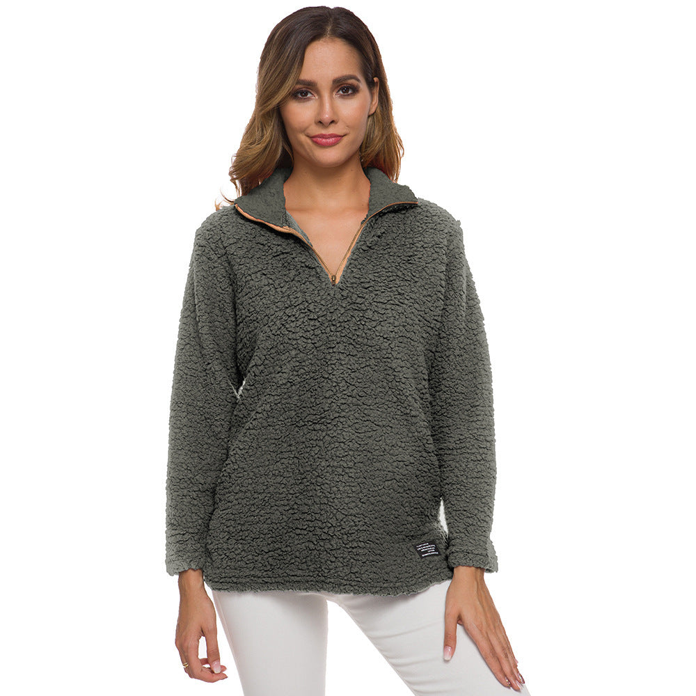 Damen kuscheliger Fleece-Pullover mit hohem Kragen und Reißverschluss R&B