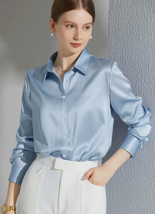 Damen Luxus Satin-Bluse mit elegantem Kragen und weichen Ärmeln R&B